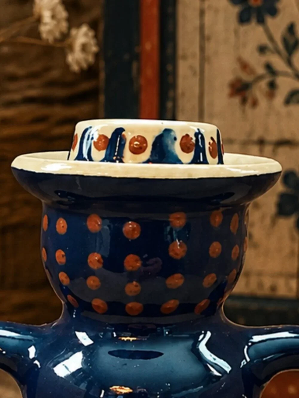 Polish Pottery Hand Painted Woman Figurine Candle Holder